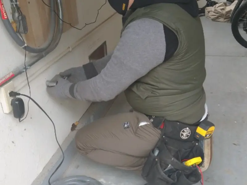 Electrician performing outlet wiring in a Fredericktown garage